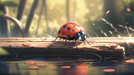 A vibrant ladybug sits on a log near water, surrounded by soft sunlight and gentle foliage. This stunning HD desktop wallpaper brings nature's beauty to your screen.
