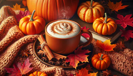 Cozy autumn themed HD wallpaper featuring a warm pumpkin spice latte, surrounded by pumpkins, fall leaves, cinnamon sticks, and a knitted blanket.