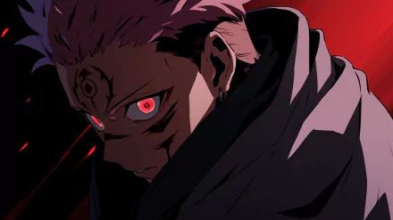HD wallpaper featuring Sukuna, a character from Jujutsu Kaisen, with a menacing red-eyed glare against a dark red background.