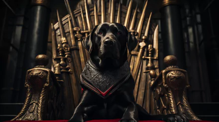 A regal Labrador Retriever sits confidently on a throne, adorned with a decorative collar, surrounded by a backdrop of golden swords, creating a striking HD wallpaper.