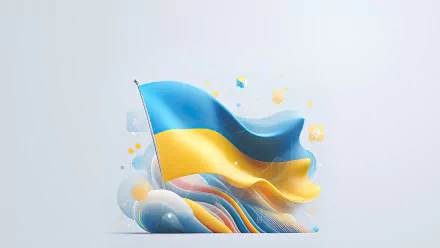 8K Ultra HD PC desktop wallpaper: stylized Ukrainian flag waving above layered blue and yellow abstract ribbons and soft cloud-like shapes on a pale background.