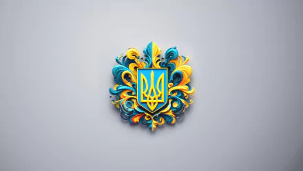 Ornate yellow-and-blue Ukrainian trident (Tryzub) with decorative filigree centered on a soft gray background — 8K Ultra HD PC desktop wallpaper and background.