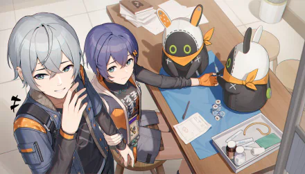 4K Ultra HD PC wallpaper featuring Belle, Wise, and Bangboo from the video game Zenless Zone Zero gathered around a cluttered desk with tools and documents.