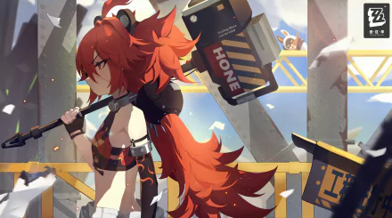 HD PC desktop wallpaper featuring Koleda Belobog from the video game Zenless Zone Zero, showcasing a dynamic character with fiery red hair and large hammers.