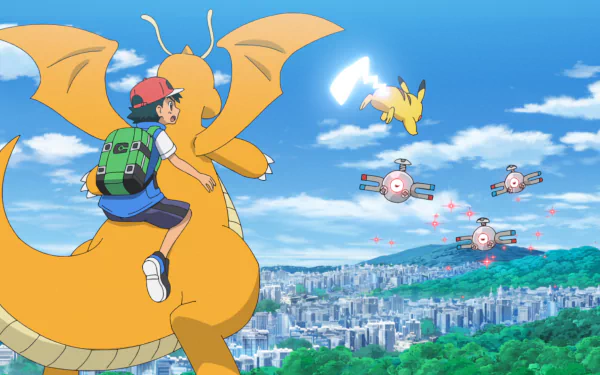 HD Wallpaper of Pokémon Ultimate Journeys: The Series featuring Ash riding on Dragonite with Pikachu in the sky, while drone-like objects fly nearby, set against a backdrop of a vibrant cityscape.