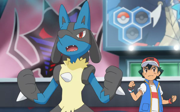 HD wallpaper of Lucario from Pokémon Ultimate Journeys: The Series, with an animated character in the background.