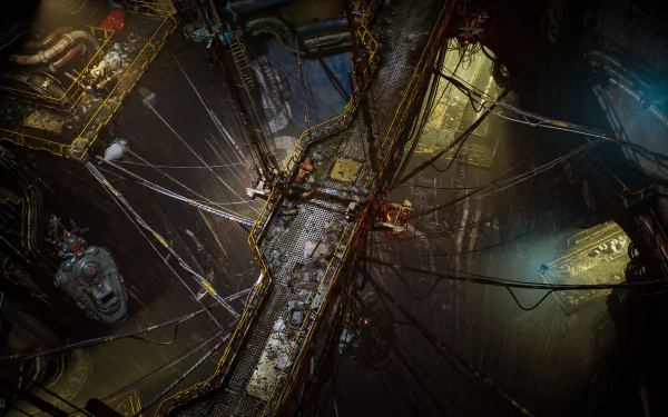 4K Ultra HD PC desktop wallpaper from the video game The Ascent, showcasing a dark, industrial, cyberpunk environment with intricate metal walkways and cables.