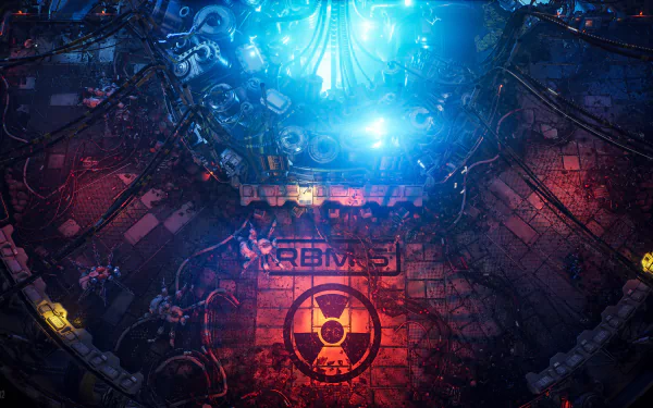 4K Ultra HD PC wallpaper from the video game The Ascent, featuring a glowing sci-fi environment with industrial machinery and a radiation hazard symbol.