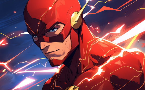 HD desktop wallpaper featuring an illustrated superhero with a red costume and lightning effects, perfect for Flash fans.
