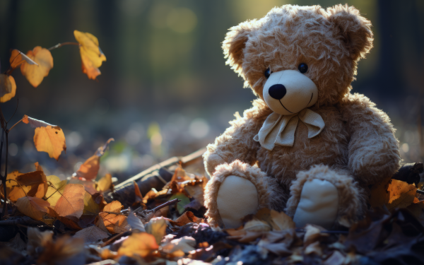 HD wallpaper of a fluffy teddy bear sitting among autumn leaves, creating a warm and cozy desktop background.