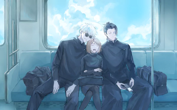 An HD desktop wallpaper featuring the anime characters Satoru Gojo, Shoko Ieiri, and Suguru Geto from Jujutsu Kaisen, seated together on a train with a bright, cloudy sky in the background.