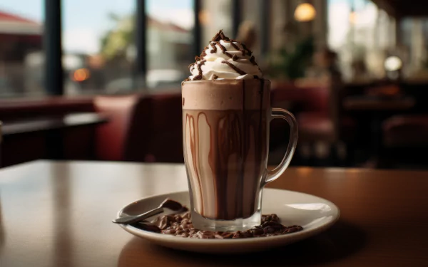 A rich chocolate milkshake topped with whipped cream and chocolate drizzle sits in a clear glass, accompanied by a plate of chocolate shavings, creating a tempting food-themed wallpaper.