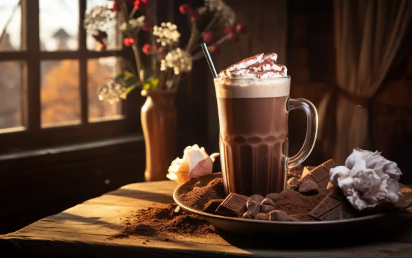 A rich chocolate milkshake topped with whipped cream sits on a wooden table surrounded by chocolate pieces, creating an inviting, cozy scene against a window backdrop.