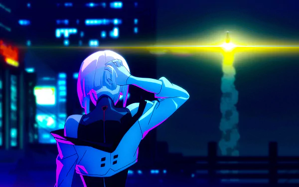 HD wallpaper of Lucy from Cyberpunk: Edgerunners standing pensively against a neon-lit cityscape, embodying the vibrant cyberpunk aesthetic.