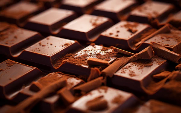 HD wallpaper featuring a close-up of rich, dark chocolate bars sprinkled with cocoa powder, created by AI art.