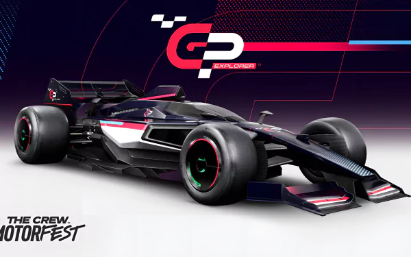 HD desktop wallpaper featuring a sleek Formula One race car with The Crew Motorfest logo, showcasing dynamic racing design and vibrant colors.