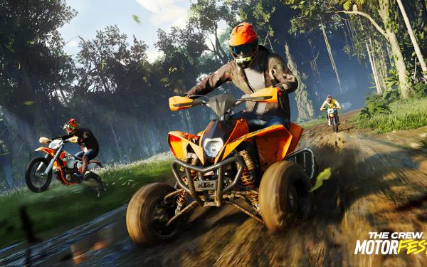 HD wallpaper of off-road motorbikes racing in a forest from The Crew Motorfest.