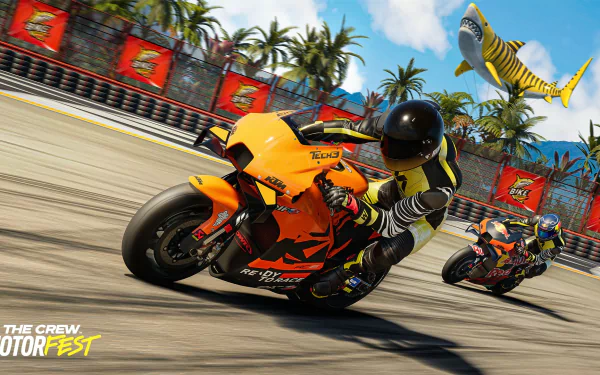 High-resolution desktop wallpaper featuring high-speed motorcycle racing action from The Crew Motorfest game with vibrant graphics and dynamic poses.