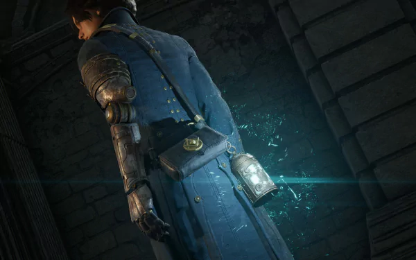 HD wallpaper featuring a character from Lies Of P game, standing in a shadowy corridor with a glowing object on the belt.