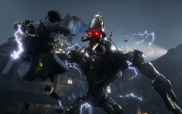 HD Wallpaper of Lies Of P featuring intense combat scene with robotic adversary and electric effects.