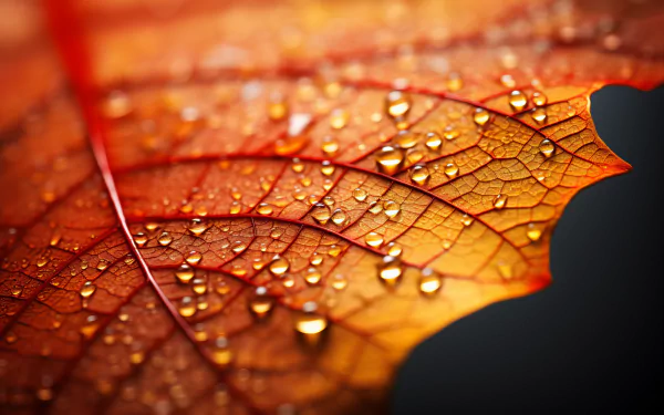 Close-up of a dew-covered leaf with a vibrant blend of red and orange colors, perfect for HD desktop wallpaper and background.