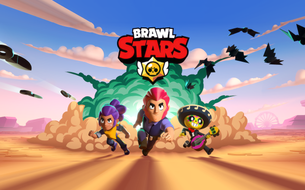 HD Brawl Stars desktop wallpaper featuring game characters in dynamic action poses with logo.