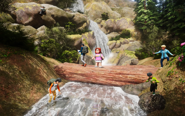 HD Roblox desktop wallpaper featuring in-game characters exploring a rocky waterfall environment.