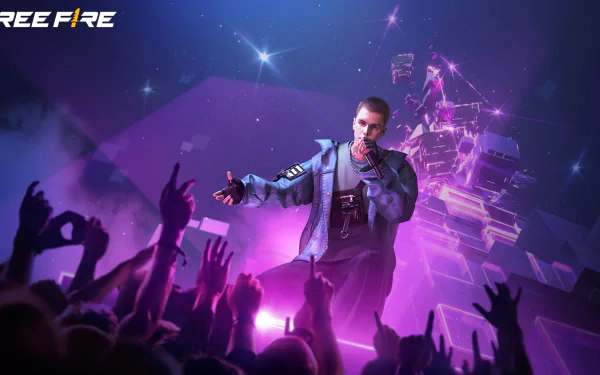 HD desktop wallpaper featuring a Garena Free Fire concert with a Justin Bieber character performing for an animated crowd.