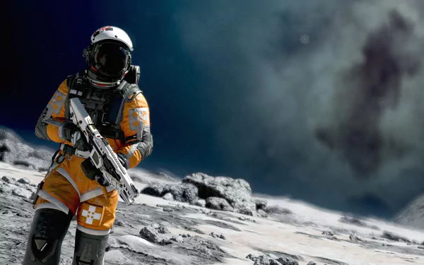 HD desktop wallpaper featuring an astronaut in a yellow space suit standing on a moon-like surface with a starfield in the background.