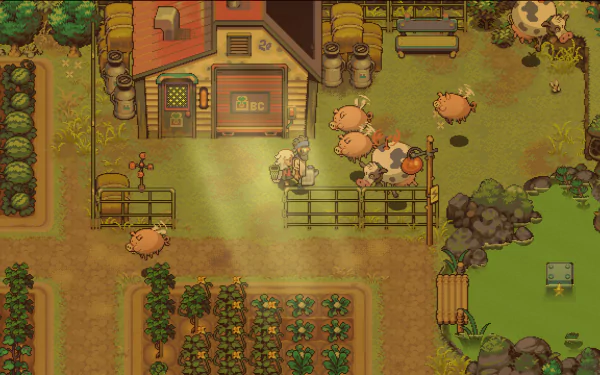 HD desktop wallpaper of Eastward: Octopia game scene with a rustic farm setting and charming pixel art.