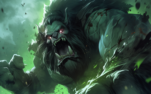 HD World of Warcraft wallpaper featuring an intense troll character with glowing red eyes and green magical energy, ideal for a gaming desktop background.