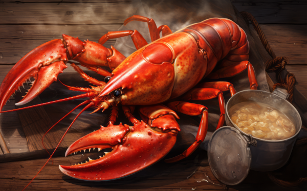 HD desktop wallpaper featuring a vibrant red lobster next to a bowl of seafood chowder, evoking a mouthwatering seafood dining experience.