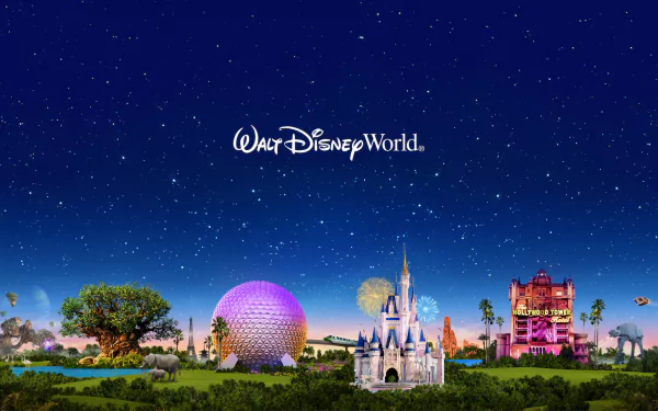 HD desktop wallpaper featuring iconic Walt Disney World attractions including Cinderella Castle, Spaceship Earth, and the Tower of Terror under a starry sky with Walt Disney World logo.