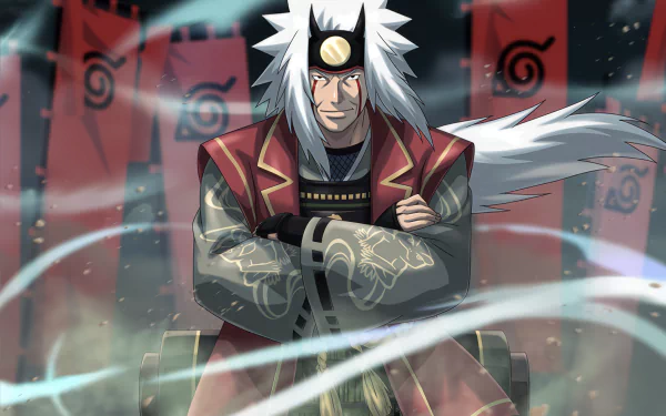 HD desktop wallpaper featuring Jiraiya from Naruto, depicted with crossed arms and dynamic energy swirls, set against a backdrop of red scrolls.