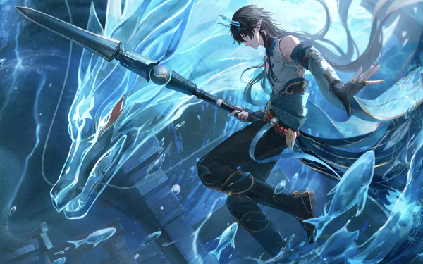 Dan Heng from Honkai: Star Rail poised with a spear against a glowing blue dragon backdrop in a 4K Ultra HD video game desktop wallpaper.