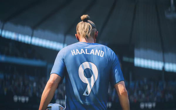 HD desktop wallpaper of a player from EA SPORTS FC 24 with 'HAALAND 9' on the jersey, seen from the back in a stadium setting.