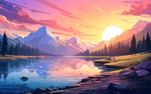 Artistic lo-fi style landscape HD wallpaper featuring a vibrant sunset over mountains with a reflective lake in the foreground.