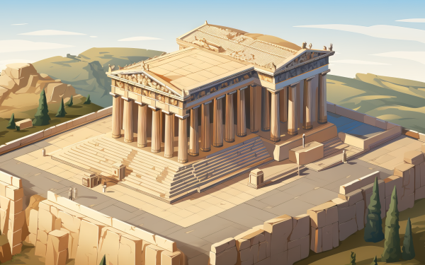 Isometric illustration of the Parthenon with columns in a temple setting, perfect for HD desktop wallpaper and background.