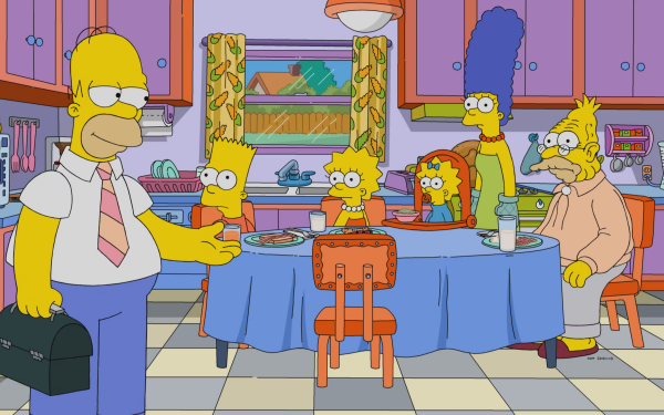 HD desktop wallpaper featuring The Simpsons family, with Homer, Marge, Bart, Lisa, and Maggie, gathered in the kitchen for a meal.