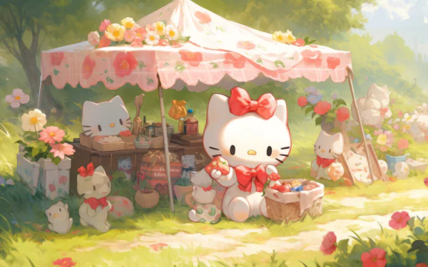 A charming HD desktop wallpaper featuring Hello Kitty and friends at a floral market. The scene is vibrant, filled with cute characters amidst a beautiful garden setting.