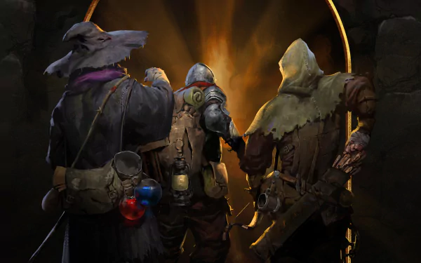 HD wallpaper featuring characters from the video game Dark and Darker, standing before a glowing portal in a shadowy dungeon.