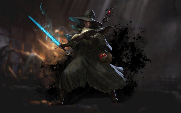 HD wallpaper of a mage from Dark and Darker casting a spell with a glowing blue sword, ideal for desktop background.