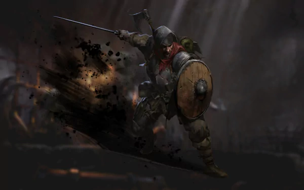 HD desktop wallpaper featuring a warrior from the video game Dark and Darker, brandishing a sword and shield in a battle scene.