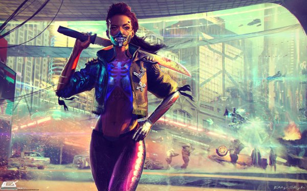 Cyberpunk 2077 HD wallpaper featuring a stylish character with cybernetic enhancements against a futuristic cityscape, perfect for a desktop background.