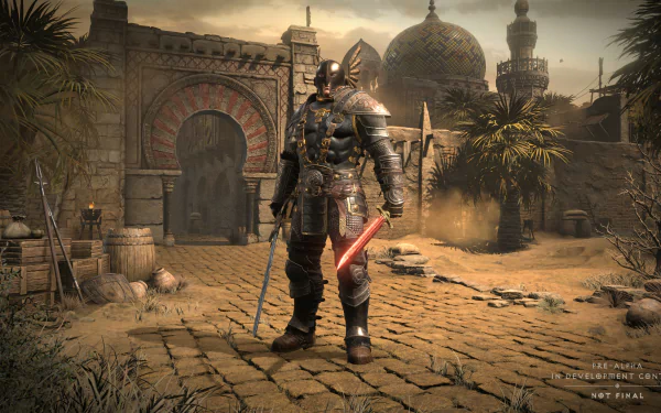 HD wallpaper of a Barbarian from Diablo II: Resurrected standing in a desolated town with a glowing sword.