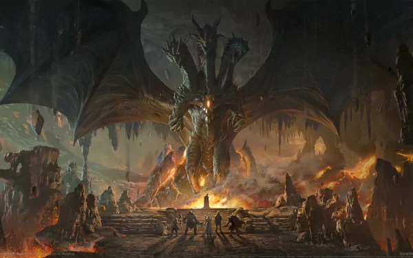 HD desktop wallpaper featuring a majestic dragon from Dragonheir: Silent Gods with warriors gathered around, set in a dark, atmospheric fantasy setting.