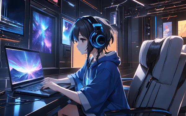 A serene anime girl with long hair wearing headphones, set against a lo-fi aesthetic background in this HD desktop wallpaper.