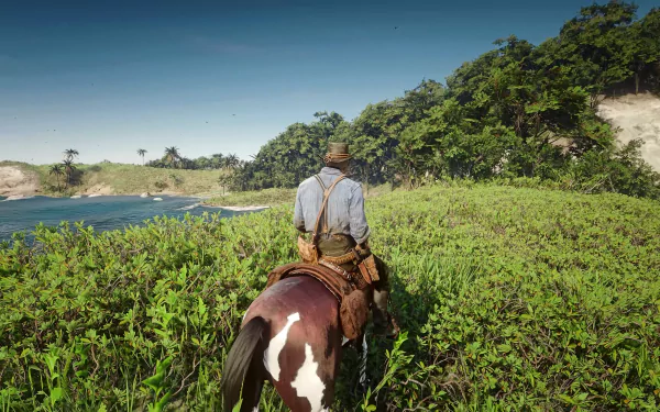 4K Ultra HD PC desktop wallpaper featuring a Red Dead Redemption 2 scene with a character riding a horse through lush greenery near a body of water under a clear sky.