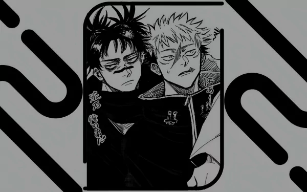 Black and white 4K Ultra HD anime wallpaper featuring Choso and Yuji Itadori from Jujutsu Kaisen with bold graphic accents on a dark background.