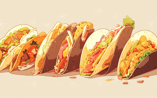 HD desktop wallpaper featuring an illustration of a delicious row of tacos on a light background.